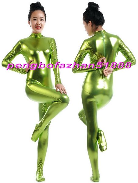 2019 Sexy Body Suit Costumes Unisex Grass Green Shiny Metallic Suit Catsuit Costumes No Headhand Halloween Fancy Dress Cosplay Costumes P345 From