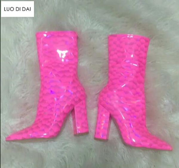 2018 новый реальный фото ботильоны сексуальные коренастый каблуки дамы ярко-розовые сапоги женщины точка Toe высокий каблук пинетки блесток золото платье обувь