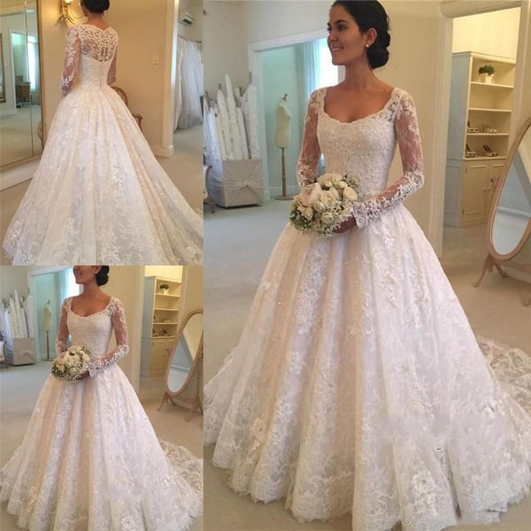 

2018 scoop neck a-line long sleeve lace wedding dresses sweep train button see through back bridal wedding gowns ship, White