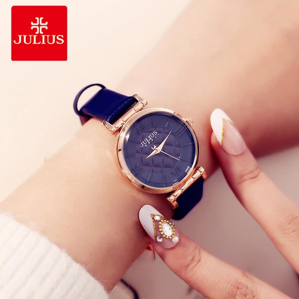

julius brand women watches fashion leather strap round dial ladies watch roman numeral female quartz wrist watch, Slivery;brown