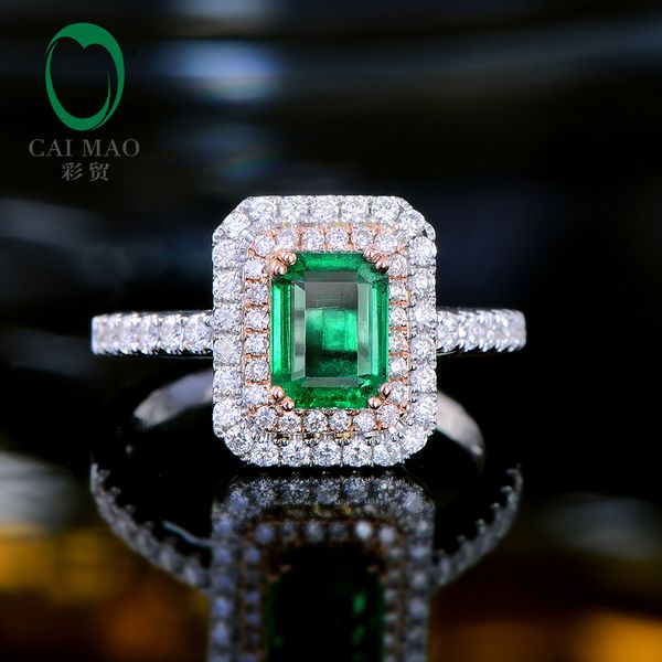 

caimao double halo diamonds ring natural 1.09ct green emerald 14kt multi-tone gold engagement jewelry, Golden;silver