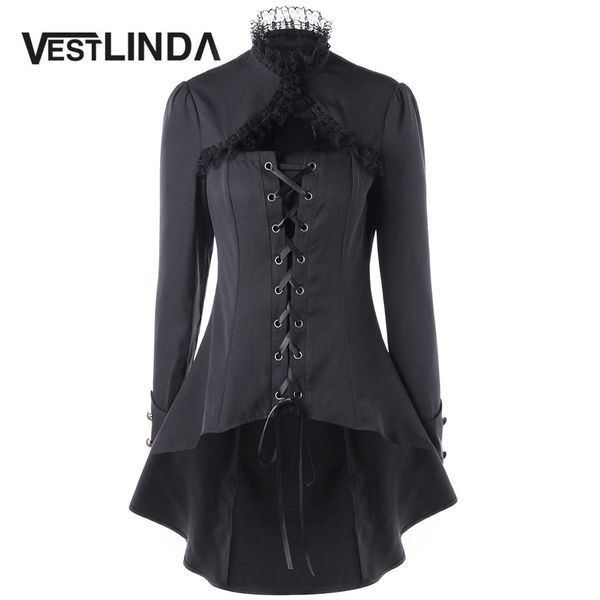 Wholesale-VESTLINDA Lace Trim Lace Up Dip Hem Trench Coat Fall 2017 Fashion Womens Tops Gothic High Collar Long Black Outerwear Femme