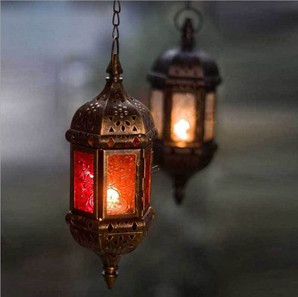 Multicolor Glass Moroccan Hanging Candle Lantern Romantic Iron