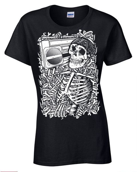 Skeleton Boombox T-Shirt Womens Ladies retro music skull rock bones band