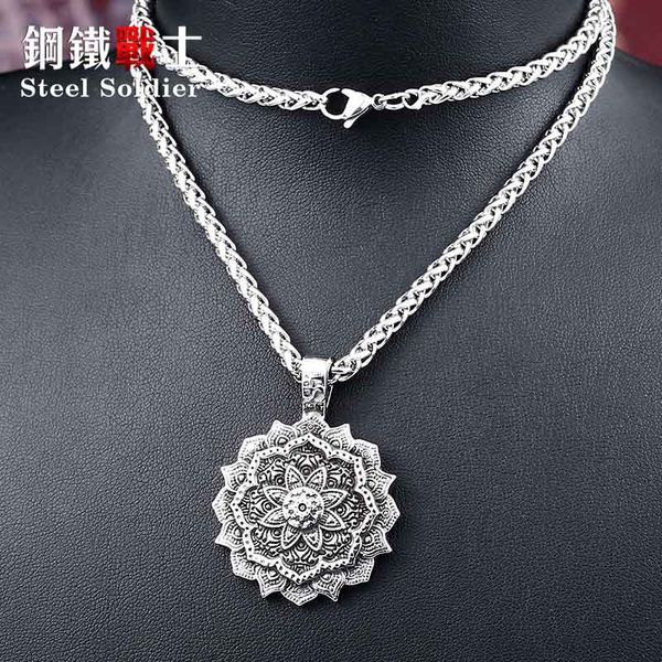 

steel solider lotus flower viking pendant stainless steel thor hammer necklace 316 l men charm jewelry, Silver