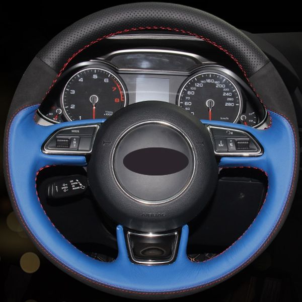 

black blue genuine leather black suede hand-stitched steering wheel cover for audi a1 a3 a5 a7