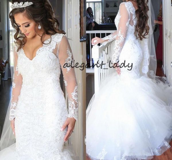 

plus size lace wedding dresses with long sleeve 2018 african nigerian v-necl long sleeve full lace beaded mermaid wedding gown, White