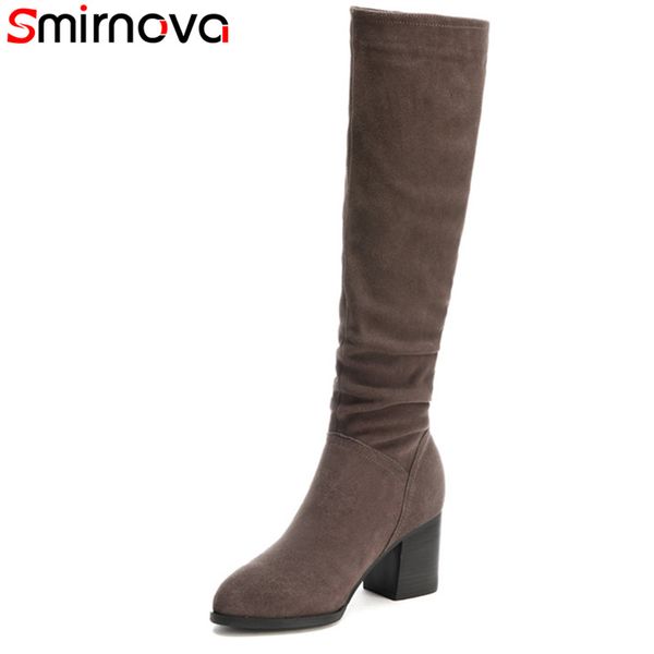 

smirnova 2018 new arrival women thigh high boots round toe thick high heels suede leather boots waterproof female's winter shoes, Black