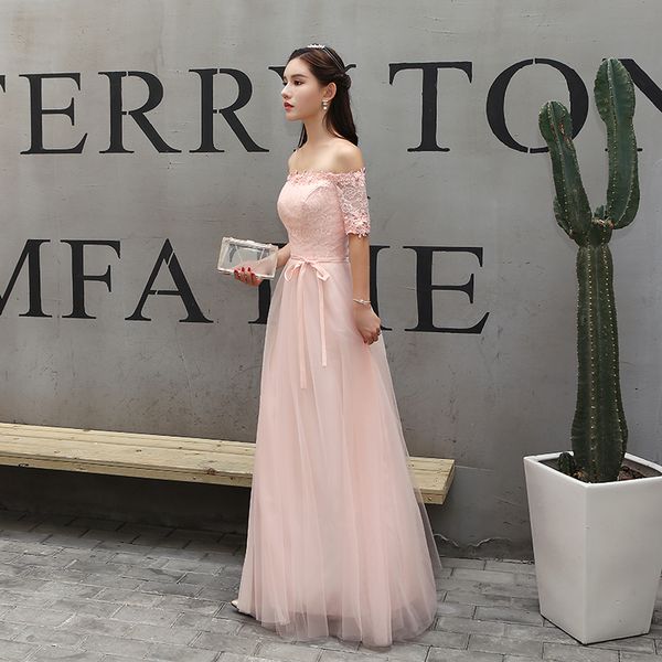 

new style 2018 lace appliques red long evening dress boat neck half seleeve bride banquet party prom dress vestido de noiva