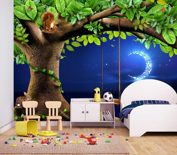 

custom retail forest quiet children's room background wall moon squirrel looking at the mural on the tree