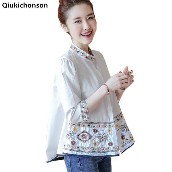 

women's blouses & shirts ethnic embroidery women 2021 spring summer retro cute babydoll blouse half sleeve white shirt ladies plus size