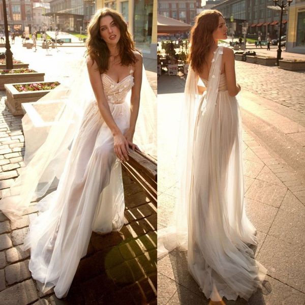 

ivory beach beaded wedding dresses a line spaghetti straps appliqued long sleeves bridal gowns tulle sweep train boho vestido de novia, White