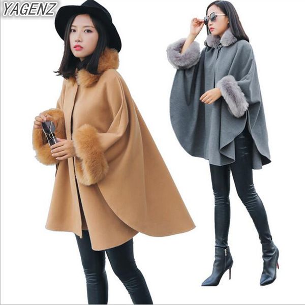 

yagenz winter women coats 2017 bat sleeve big fur collar trench coats loose female overcoat windbreaker cloak long high quality, Tan;black