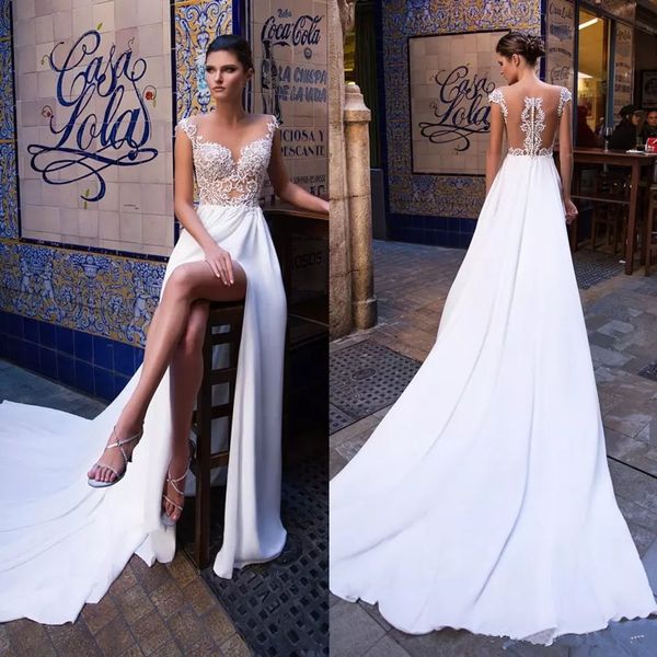 

chic backless beach wedding dresses lace appliqued sheer jewel neck bohemian split bridal gowns a line sweep train chiffon robe de mariÃ©e, White