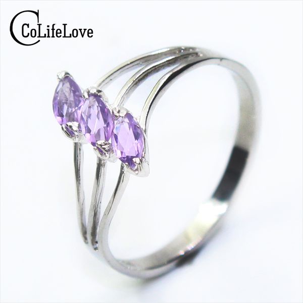 

100% natural amethyst silver ring 3pcs 2.5 mm *5 mm natural amethyst gemstone ring solid 925 silver jewelry for woman, Golden;silver