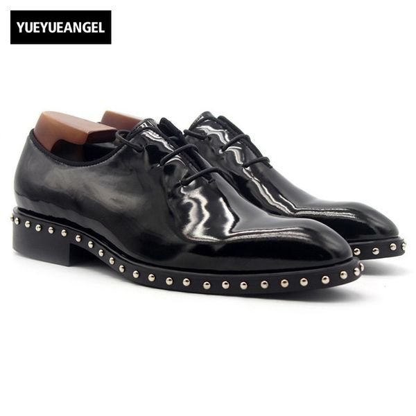 

2018 formal oxford leather shoes men bright black lace up pointed toe rivet wedding dress shoes luxury men genuine leather