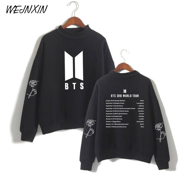 

kpop bts 2018 world tour hoodies women loose turtlenecks sweatshirt long sleeve casual love yourself world tour clothes, Black