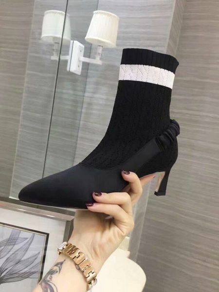 

2018 stretch knit ankle boots heels women square heel short booties pointed toe 5.5cm high heels shoes, Black
