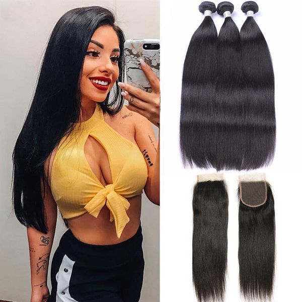 

mongolian ruyibeauty human hair bundles with 4x4 lace closure 4 pieces/lot silky straight virgin hair extensions 8-28inch natural color, Black;brown