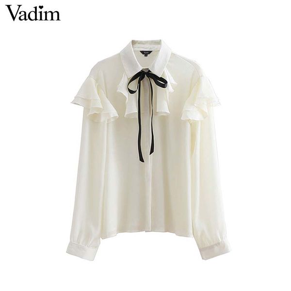

vadim women sweet ruffles chiffon blouse bow tie collar long sleeve see through shirt ladies casual wear chic blusas la284, White