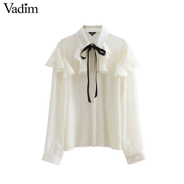 

vadim women sweet ruffles chiffon blouse bow tie collar long sleeve see through shirt ladies casual wear chic blusas la284, White