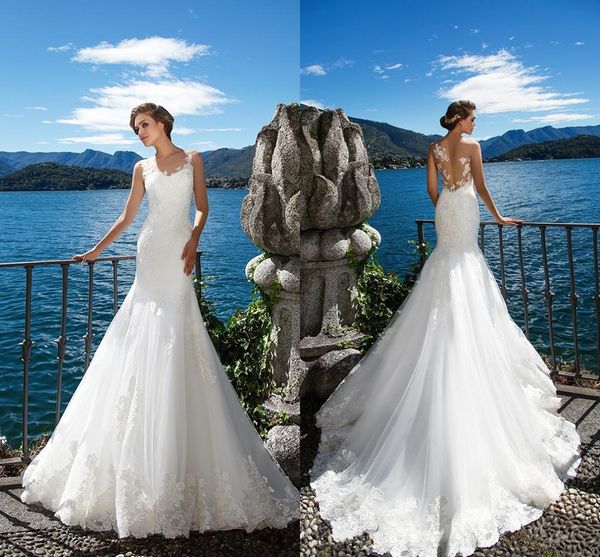 

milla nova doriana beach mermaid wedding dresses white lace appliques sheer neck illusion bridal gown long court train robe de marriage