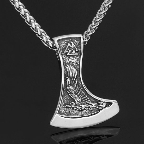 

nordic viking rune odin raven and wolf stainless steel amulet pendant necklace, Silver