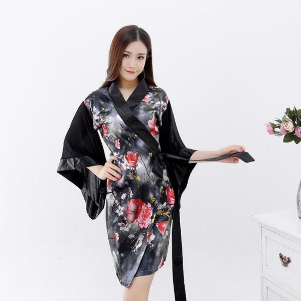 

women print flower satin sleepwear kimono bathrobe gowns japanese style cosplay nightgown home wear elegant rayon robe, Black;red