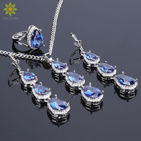 

silver color jewelry blue cubic zirconia white crystal jewelry sets for women earrings/pendant/necklace/ring