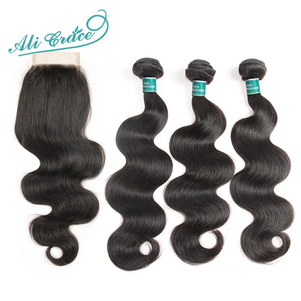 

ali grace hair 3 bundles brazilian body wave hair with closure 4*4 part 4pcs/lot remy human extension natural color, Black;brown