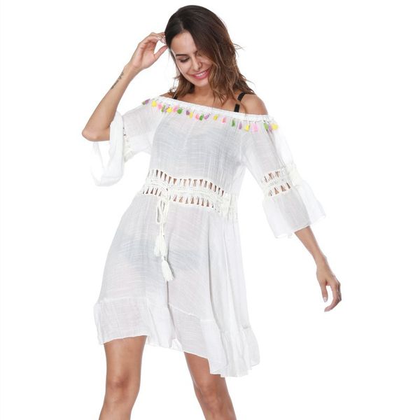 Acheter Maillot De Bain Bikini Plage Maillots De Bain Femme été Robe Volantée En Tricot Crochet Pompon Creux Blouse Rabotée De 186 Du