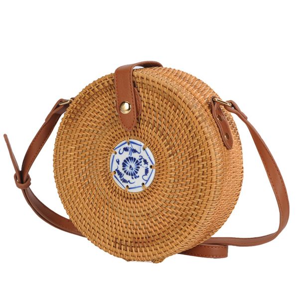 

vietnamese rattan bag straight edge porcelain embellishment messenger bag blue flower inner pocket adjustable shoulder strap