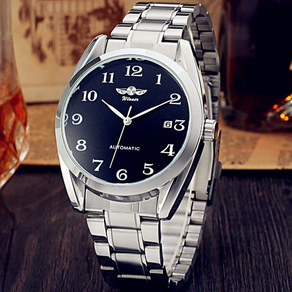 

winner automatic mens watches business classic auto date full stainless steel skeleton self-wind wrist watch relogio masculino, Slivery;brown
