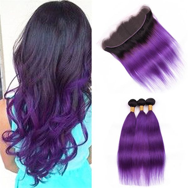 Black To Purple Ombre Frontal And Bundles Silky Straight 2 Tone 1b