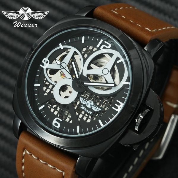 

winner fashion auto mechanical watch men leather strap skeleton dial pvd black case wristwatches 2018, Slivery;brown
