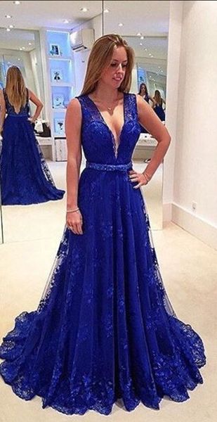 

capped v neck lace evening dresses royal blue 2019 floor length prom dress backless long formal dress elegant, Black;red