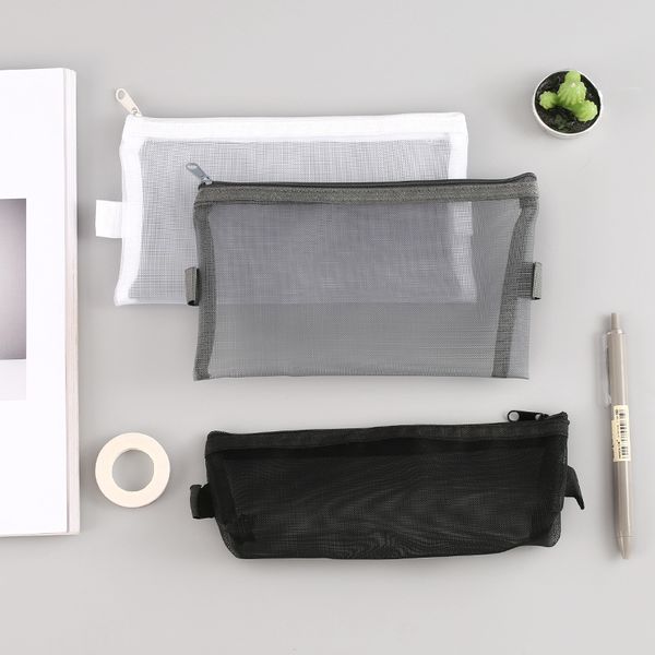 

simple pure color nylon gauze envelope multifunctional transparent zipper bag gauze pen bag grid pen boxes-lh-bd