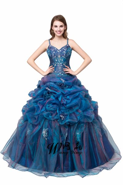 Loverxu elegante azul vestido de baile quinceanera dress 2018 em estoque bordado beading decote em v Debutante vestido