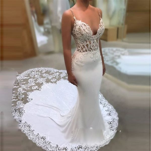 

mermaid wedding dresses spaghetti straps lace appliques beach wedding gowns count train back bridal dress spring summer, White