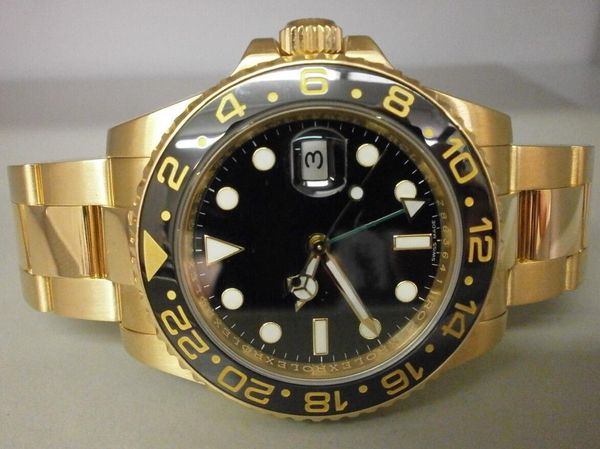 

new gmt 116718 18k yellows gold 40mm automatic men's casual watches black dial and ceramic bezel mens wristwatches, Slivery;brown