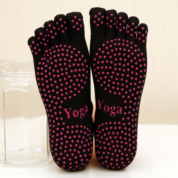 

new good price women cotton yoga socks ladies sport pilates socks ballet dance five fingers silicone dots non-slip, Black