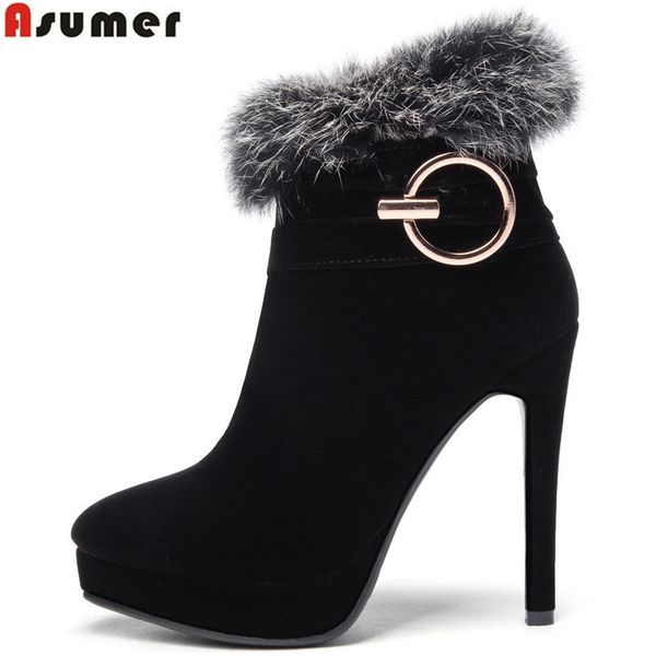 

asumer 2019 new big size 34-43 fashion ankle boots for women pointed toe zip flock fur platform shoes autumn winter boots women, Black