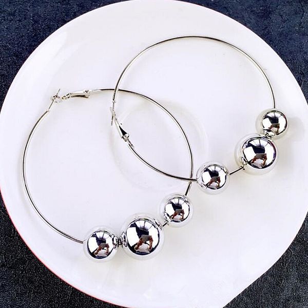 

whole salefishsheep vintage silver color loop beaded earrings for women 7cm pendant ball big circle hoop earrings female fashion jewelry, Golden;silver