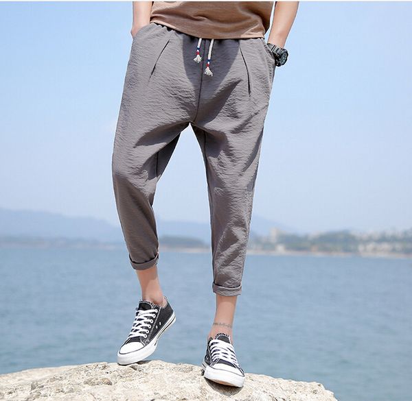 

nine cropped pants flax male casual pants loose large size men nine summer, Black