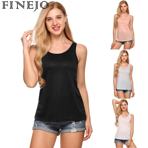 

finejo fashion o-neck sleeveless solid tank women, White