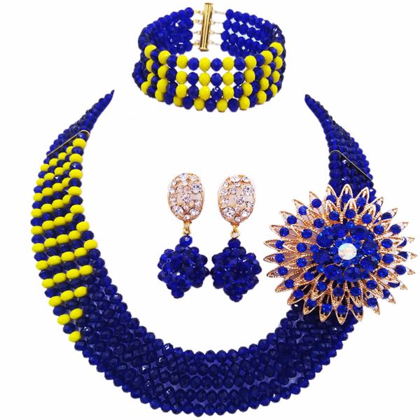 

wholesale 12pcs royal blue yellow multi strands statement necklace african wedding beads nigerian jewelry set crystal 5jz15, Slivery;golden