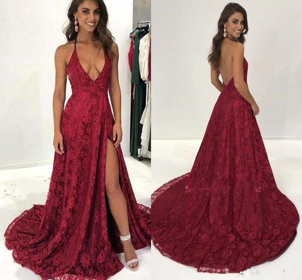 

2018 new dark red v neck full lace mermaid prom dresses sleeveless backless side split evening dresses party gowns custom made, Black