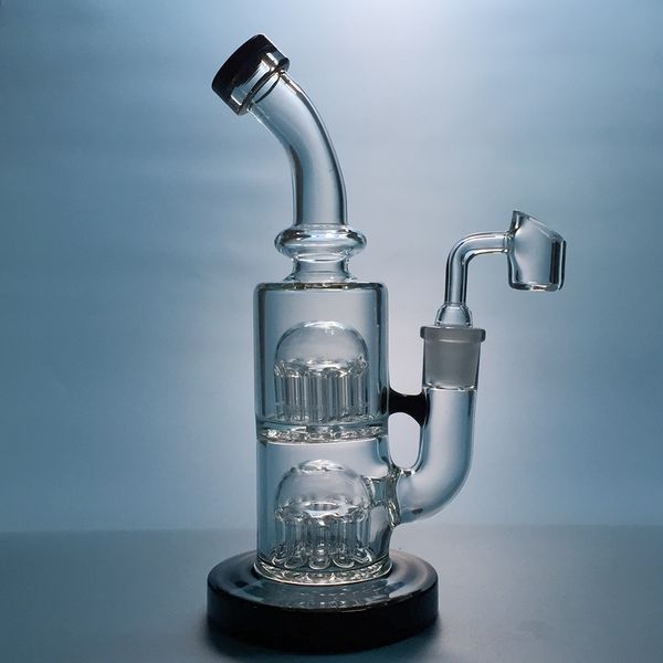 Double Tree Perc Bong 5 milímetros de espessura de vidro Bong Bent Pescoço da tubulação de água Preto Base Redonda Dab Rig 12 Arm Árvore Perc Bongs YQ01