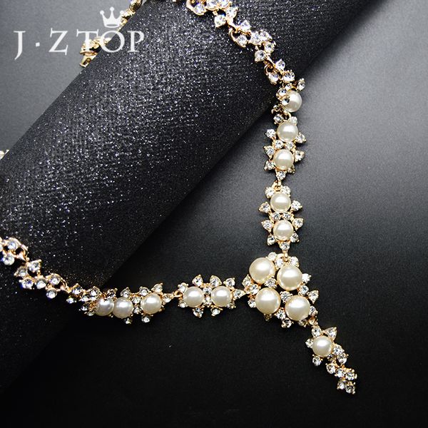 

jzvintage flower imitation pearls choker necklace woman luxury crystal snowflake pendant bridal necklaces wedding jewelry, Golden;silver
