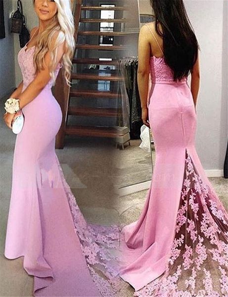 

elegant spaghetti straps bridesmaid evening dresses formal long mermaid lace applique prom party gown robe de soiree with sweep train, White;pink
